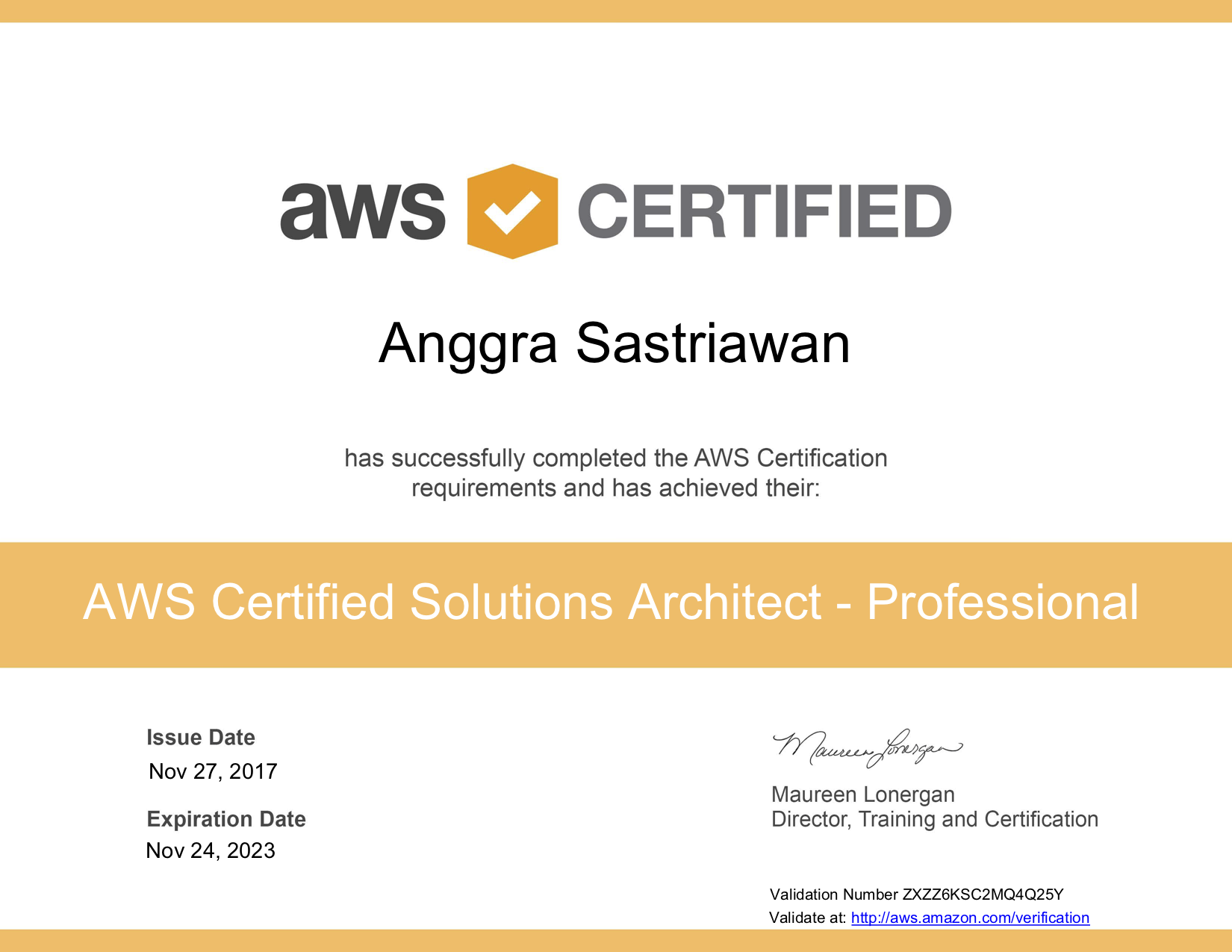 Anggra's AWS Certified Solutions Architect - Professional certificate